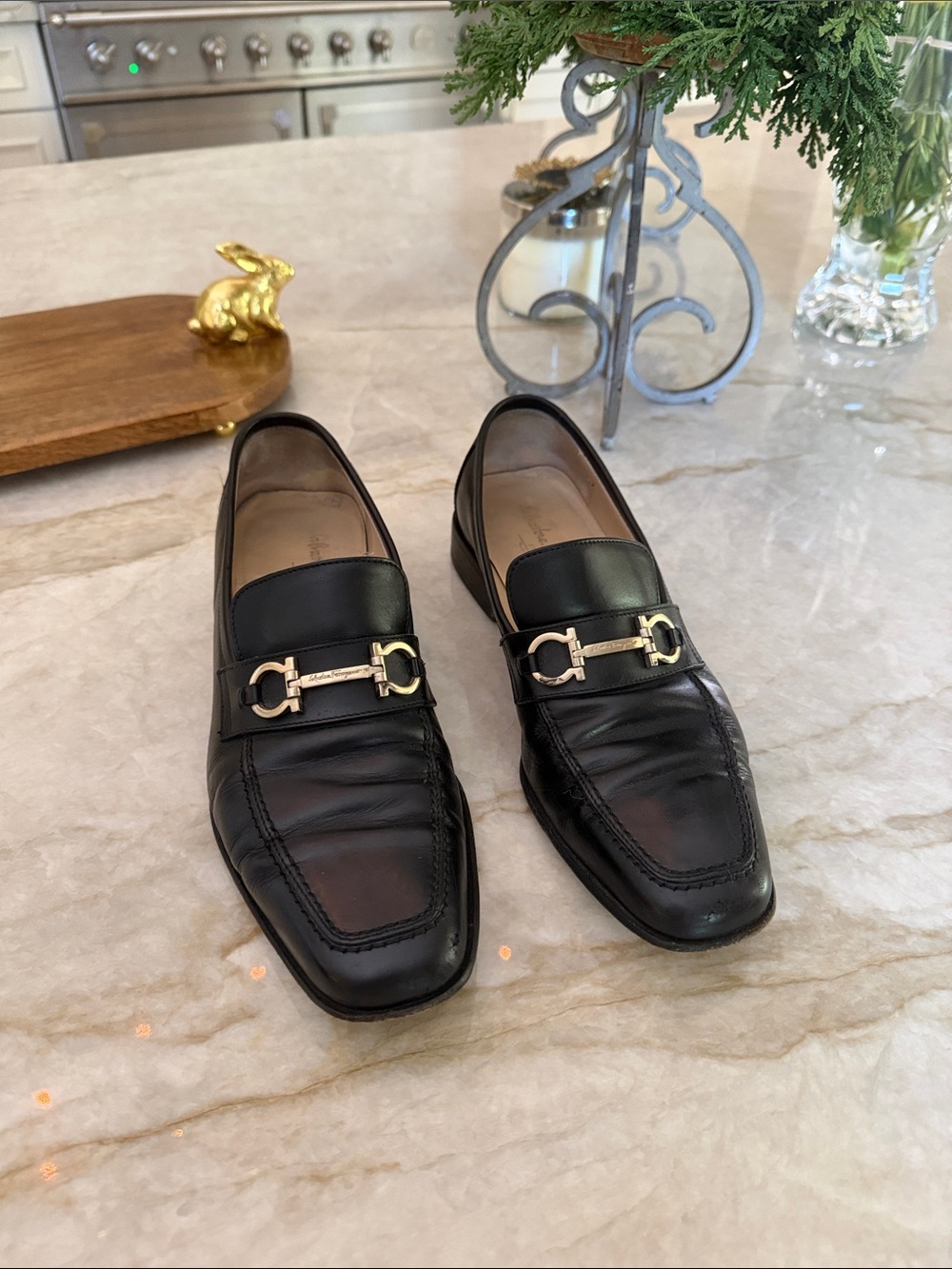 Salvatore Ferragamo Black Leather Bit Loafers with Gold Buckle